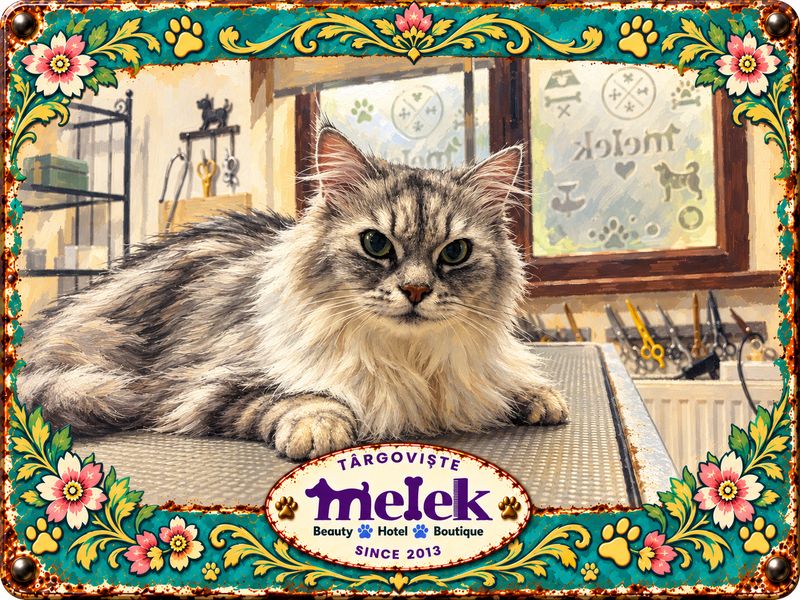 Desen retro: pisică pufoasă pe masa de toaletaj din salonul Melek