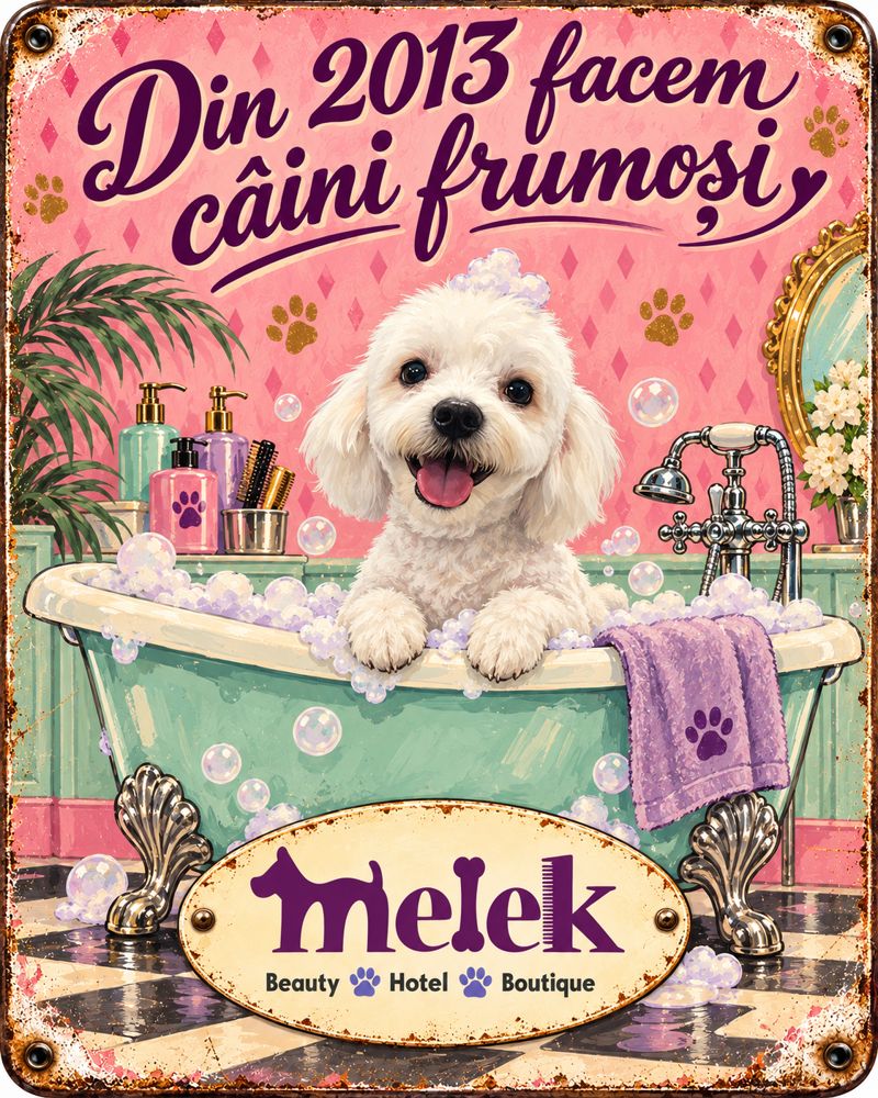 Afiș retro Melek: bichon alb în cadă cu spumă – Din 2013 facem câini frumoși
