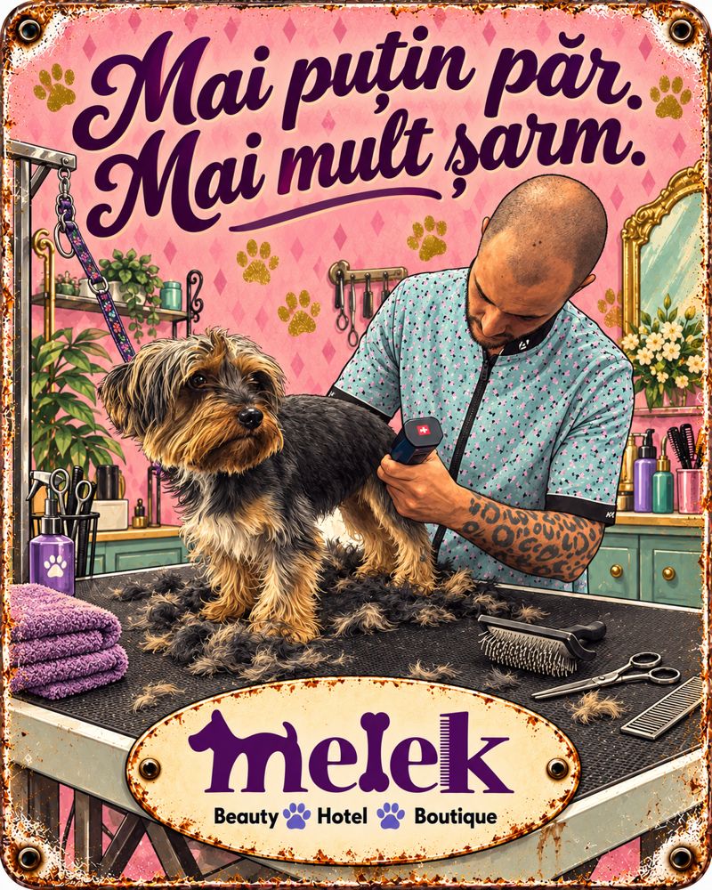 Afiș retro Melek: Mai puțin păr. Mai mult șarm.
