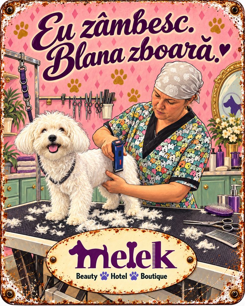 Afiș retro Melek: Eu zâmbesc. Blana zboară.