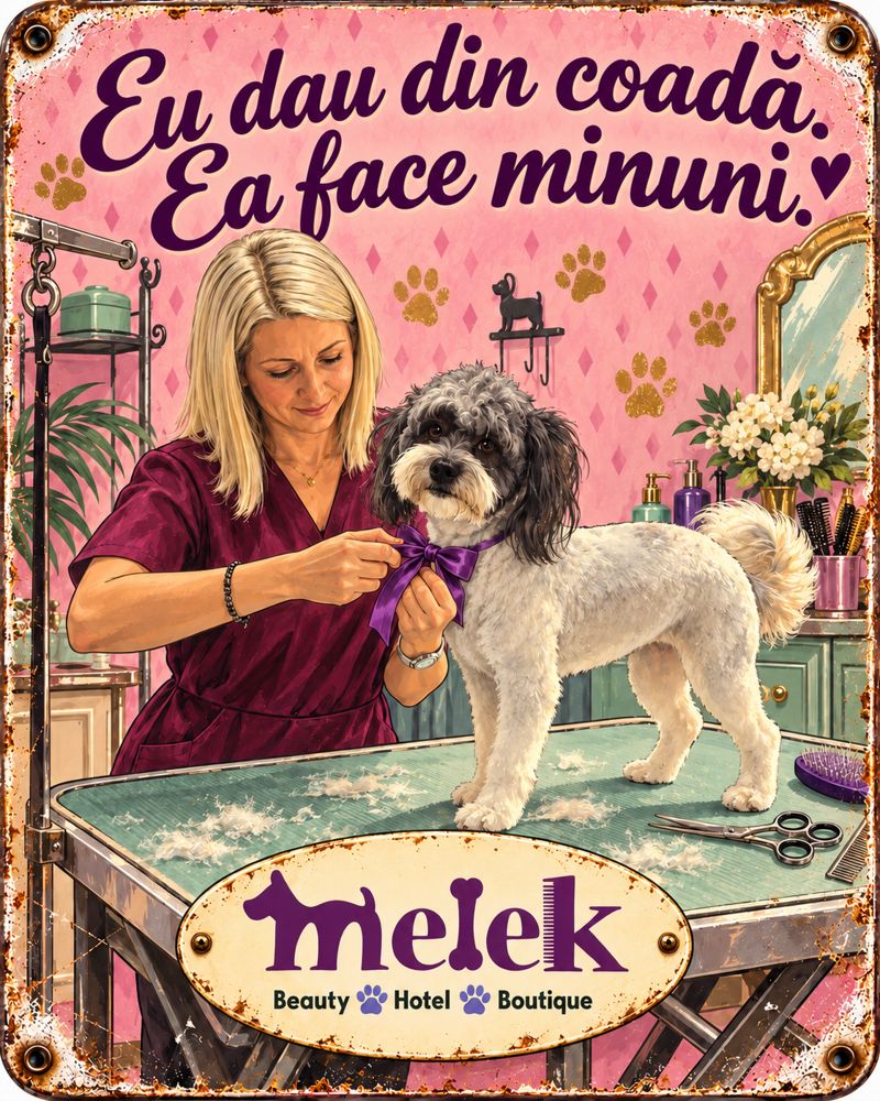 Afiș retro Melek: Eu dau din coadă. Ea face minuni.